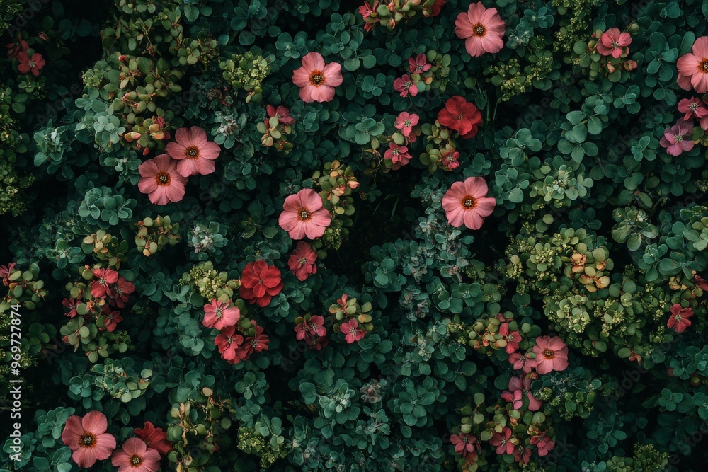 Vibrant garden with pink and red flowers among lush green foliage