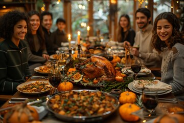 Celebrating Thanksgiving dinner with friends and family in a cozy, decorated dining space filled with food and laughter