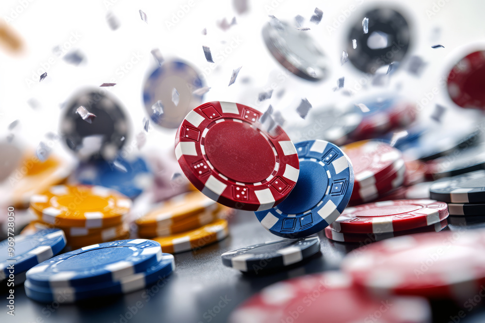 Poker Chips Set for Betting on a Clean White Surface Poker Chips Set for Betting on a Clean White Surface