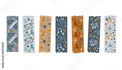 Collection of bright washi tape strips. Colorful school scrapbook stripes, sticky label tags and decorative scotch strip. Border elements, paper. Beginning of the school year. Knowledge day. Education