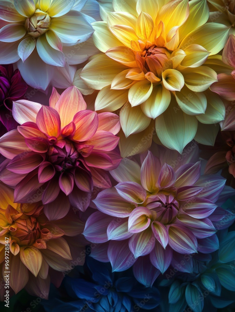 Obraz premium Beautifully arranged multicolored dahlias blooming in soft light