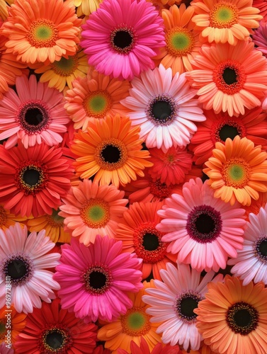 Colorful arrangement of daisy flowers in various shades on a flat surface