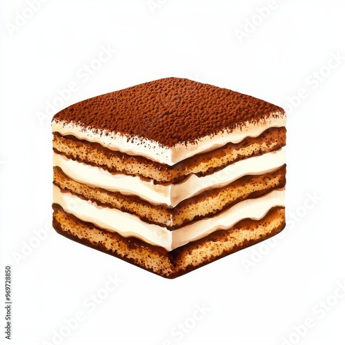 Delicious layered dessert featuring rich coffee and creamy filling, topped with cocoa powder, perfect for any occasion.