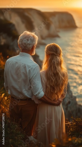 adventurous senior couple gazing in awe at majestic coastal vista standing arminarm on clifftop trail with sundappled ocean stretching to horizon photo