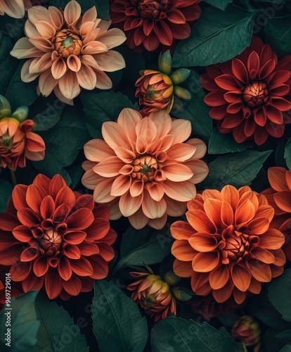 Colorful dahlia flowers blooming together in a lush garden setting