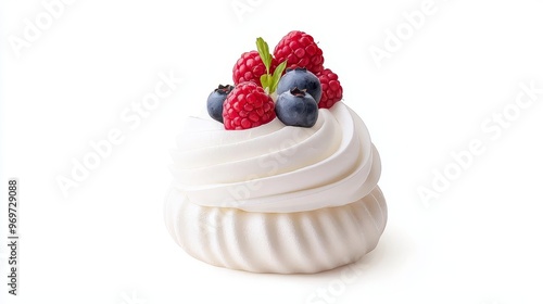 Delicious pavlova dessert topped with fresh raspberries and blueberries, perfect for any sweet treat lover.