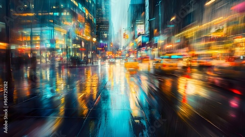 A dreamy night cityscape with blurred lights reflecting off a wet street, creating a sense of movement and urban life