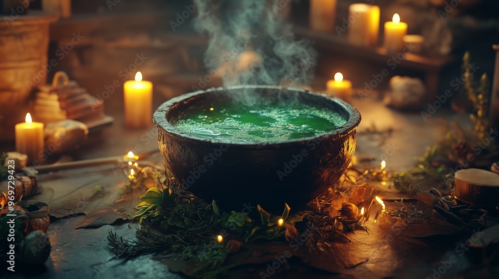 A bubbling cauldron filled with green liquid surrounded by candles and natural elements in a rustic setting