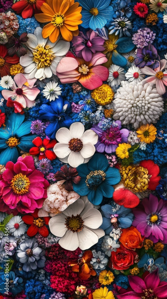 A vibrant arrangement of various flowers in multiple colors and types A vibrant arrangement of various flowers in multiple colors and types