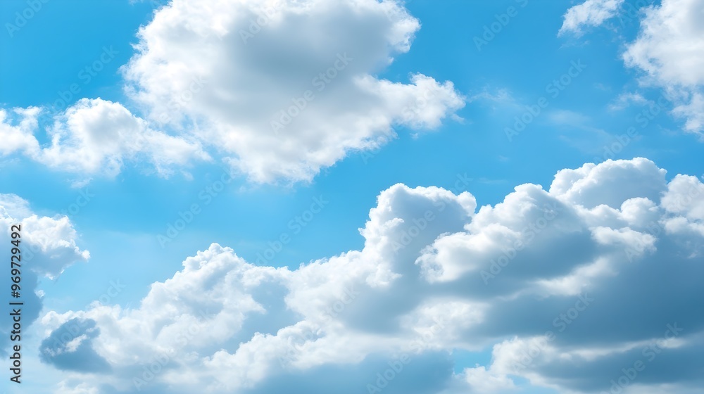 Obraz premium Beautiful fluffy clouds drifting lazily across a bright blue sky, with ample copy space for text overlay