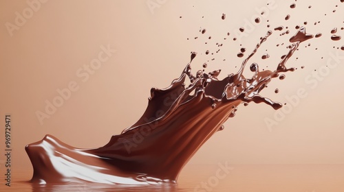 A rich chocolate splash rises dramatically, showcasing fluid dynamics and texture against a warm, neutral backdrop, emphasizing the beauty of liquid movement