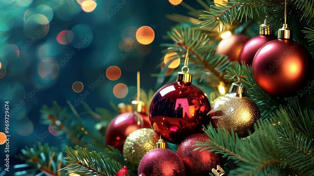 A close up of a beautifully decorated Christmas tree, adorned with shiny ornaments and soft, blurred festive lights, capturing a joyful holiday atmosphere A close up of a beautifully decorated Christmas tree, adorned with shiny ornaments and soft, blurred festive lights, capturing a joyful holiday atmosphere