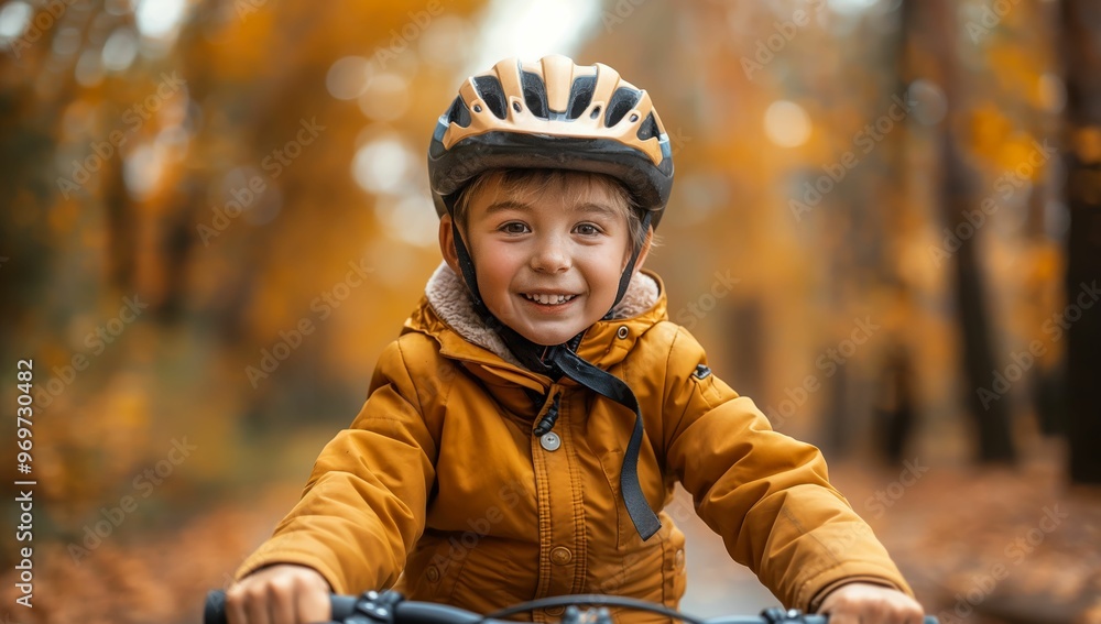 Child riding bicycle in autumn forest wearing helmet and jacket
Child riding bicycle in autumn forest wearing helmet and jacket
