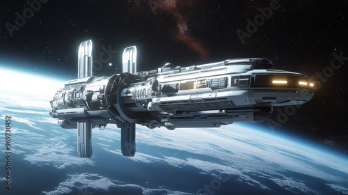 Wallpaper Mural Minimalist and Monumental Futuristic Spacecraft in Orbit Around Planet Torontodigital.ca