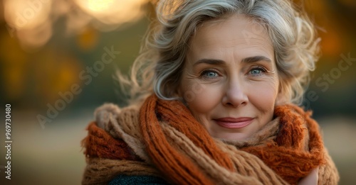 Portrait of smiling mature woman in autumn with warm scarf 