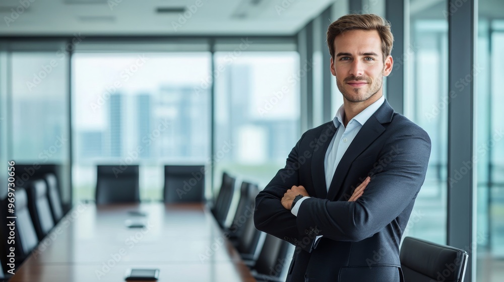 A young professional with crossed arms poses confidently in a sleek conference room, featuring large windows that showcase a bustling city skyline A young professional with crossed arms poses confidently in a sleek conference room, featuring large windows that showcase a bustling city skyline