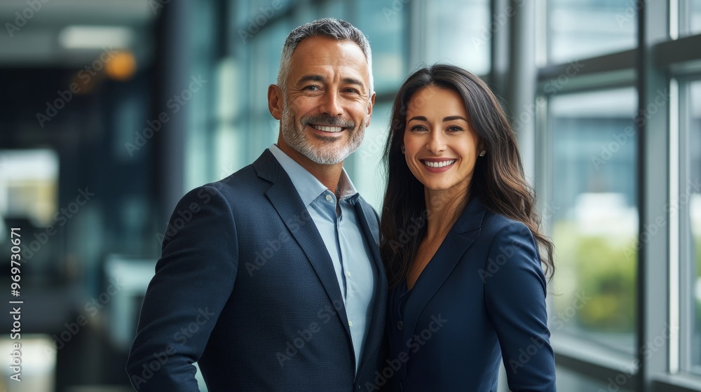 A man and woman stand close together, both dressed in business attire and smiling confidently in a well-lit office with large windows A man and woman stand close together, both dressed in business attire and smiling confidently in a well-lit office with large windows