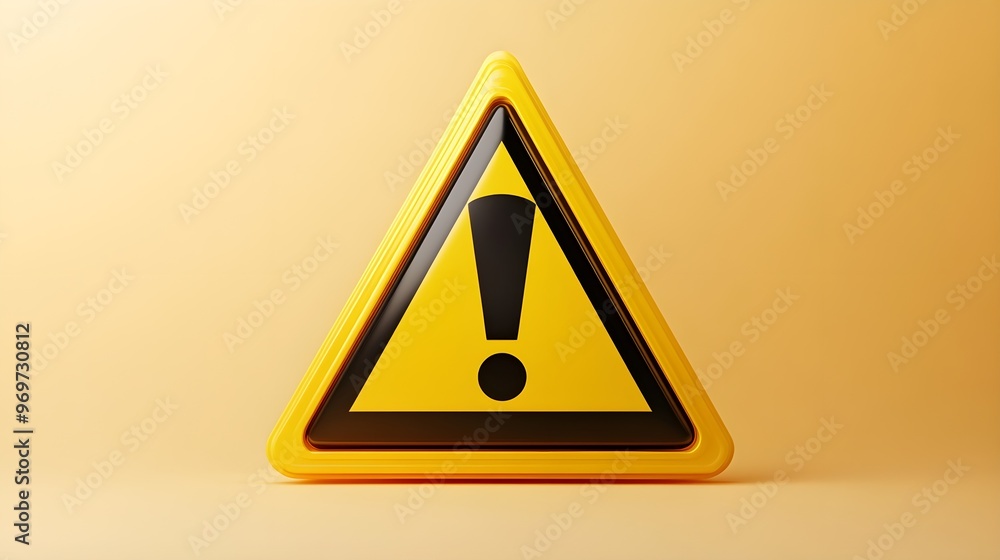 A realistic warning symbol in the center of the image, featuring a striking yellow triangle with a bold black exclamation mark, set against a light solid color background, creating an eye-catching A realistic warning symbol in the center of the image, featuring a striking yellow triangle with a bold black exclamation mark, set against a light solid color background, creating an eye-catching