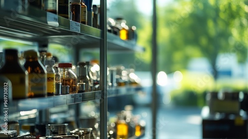 Wallpaper Mural A collection of glass and plastic bottles sit on shelves, illuminated by sunlight filtering through the windows of a herbal store in the afternoon Torontodigital.ca