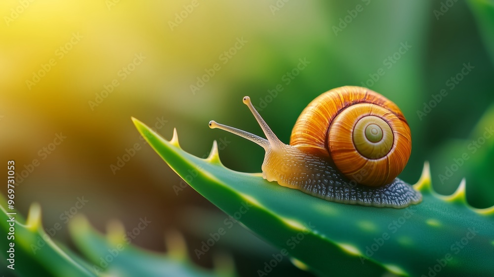 a snail on a fresh Aloe Vera leaf, with bright, clear colors and natural light a snail on a fresh Aloe Vera leaf, with bright, clear colors and natural light