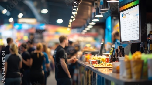 A bustling concession stand offers a variety of snacks and drinks to a crowd of eager patrons, creating an energetic atmosphere during an event