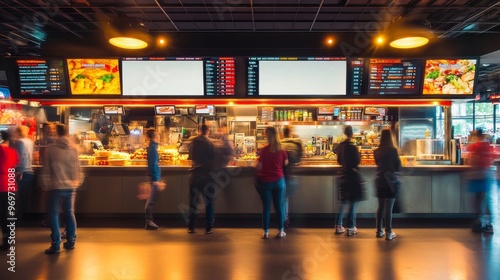 Patrons line up at a bustling food counter in an urban cinema, surrounded by glowing menu displays while waiting to order snacks and beverages before the movie