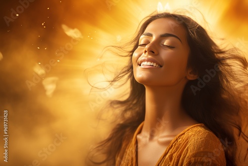 Dreamy portrait of a woman with closed eyes and glowing skin against a soft blurry background