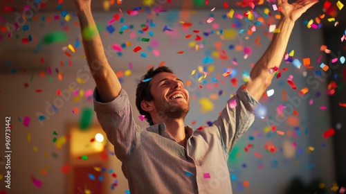 A man is celebrating with arms raised high, laughing joyfully as vibrant confetti fills the air at a lively party, creating a festive atmosphere