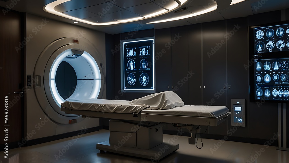 Modern MRI Room with Examination Table and Medical Imaging on Screens Modern MRI Room with Examination Table and Medical Imaging on Screens