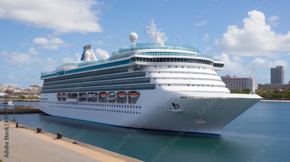Close up of a cruise ship moored at pier with views of vibrant modern city architecture Close up of a cruise ship moored at pier with views of vibrant modern city architecture