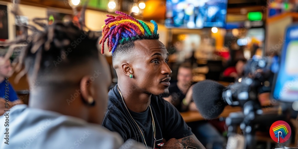 Obraz premium Rainbow Flair: A young man with vibrant, rainbow dreadlocks commands attention amidst the lively atmosphere of a sports bar.