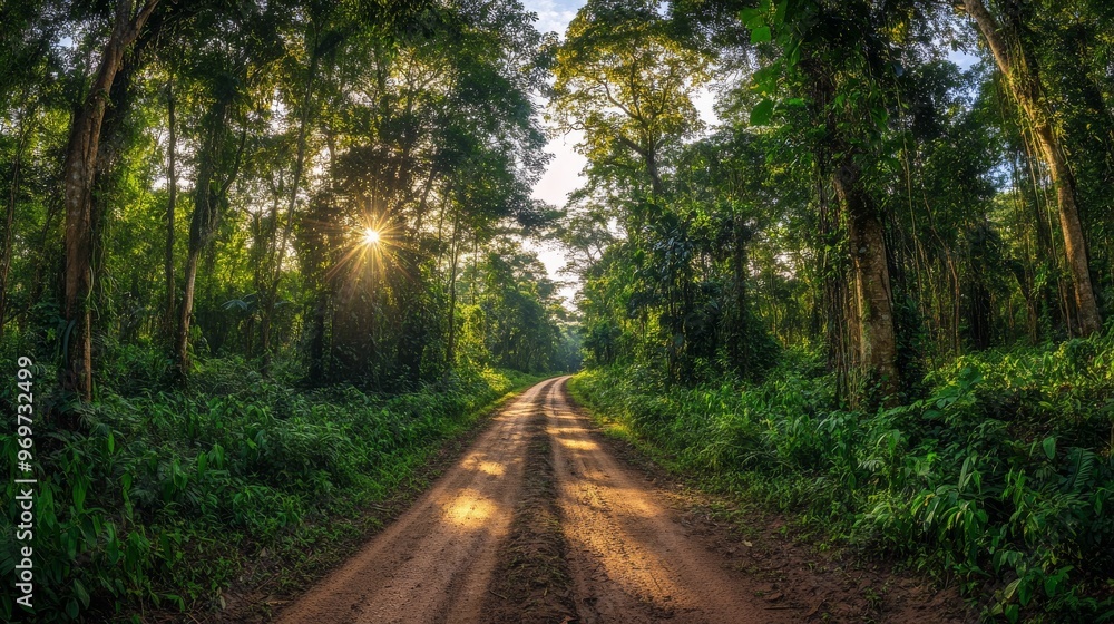 Fototapeta premium A tranquil dirt road winds through a vibrant forest, with sunlight streaming through the trees, creating a peaceful atmosphere during early evening
