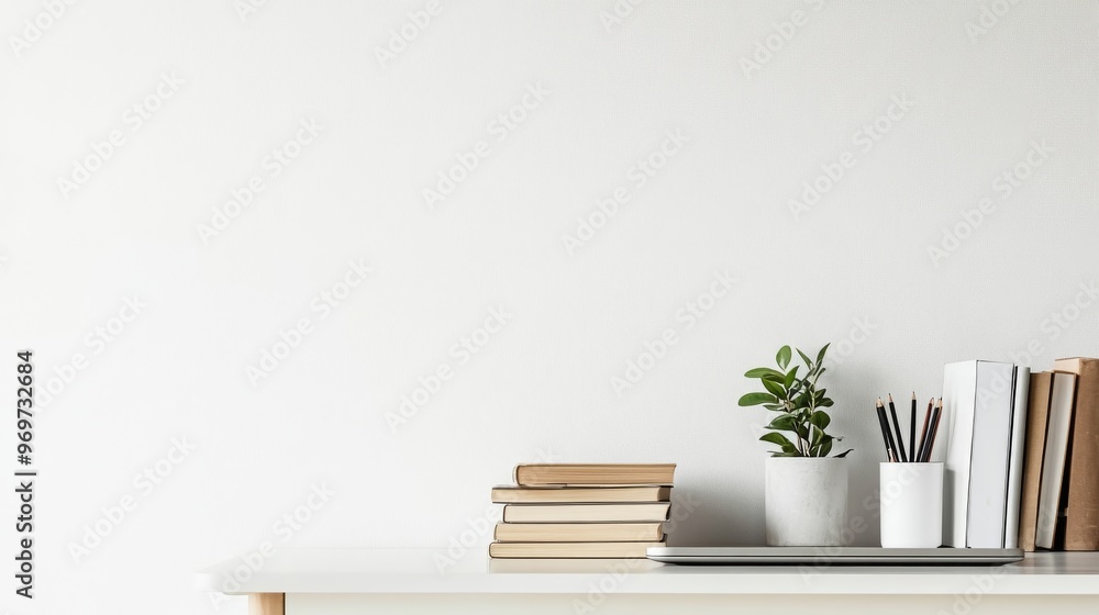 A neatly arranged workspace showcases a stack of books, a small green plant in a pot, and stationery in a holder on a minimalist desk with a light-colored background A neatly arranged workspace showcases a stack of books, a small green plant in a pot, and stationery in a holder on a minimalist desk with a light-colored background