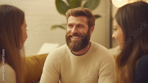 A man with a beard smiles warmly as he enjoys a conversation with two women in a cozy living room setting, creating a friendly and inviting atmosphere