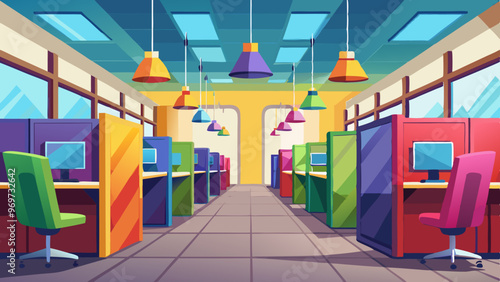 A colorful office with many cubicles and colorful lights