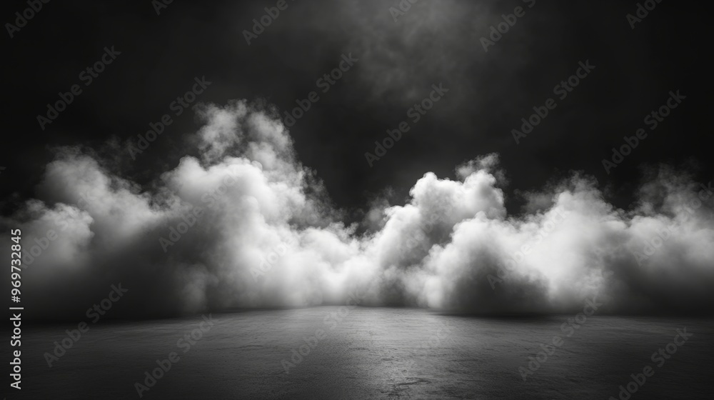 Fototapeta premium Ethereal white smoke fills a dark space with volumetric light rays and cloudy formations
