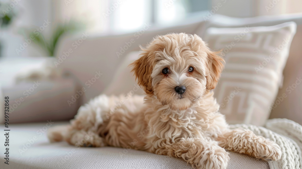A Maltipoo dog lies on the sofa in the living room. A Maltipoo dog lies on the sofa in the living room.