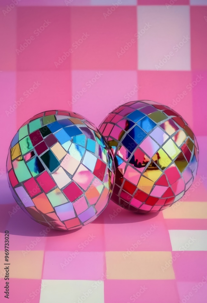 Disco Balls Reflecting Vibrant Colors Against a Playful Pink Background Disco Balls Reflecting Vibrant Colors Against a Playful Pink Background