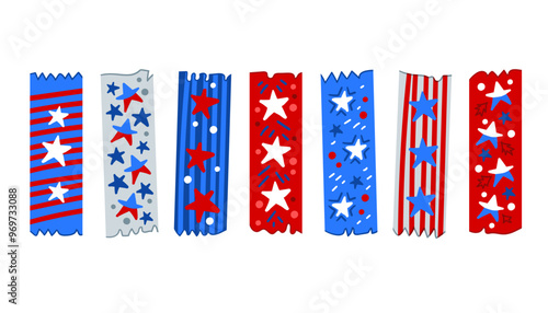 Collection of bright washi tape strips. Colorful school scrapbook stripes, sticky label tags and decorative scotch strip. Border elements, paper. USA. Independence Day. Red blue stars and ribbons.
