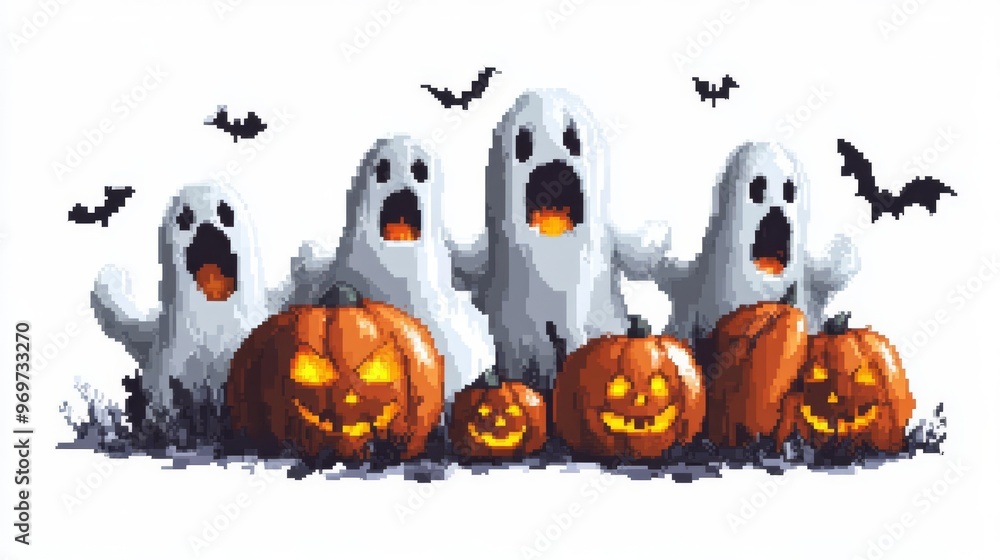 Four cartoon ghosts with jack-o'-lanterns and bats on a white background, perfect for Halloween decoration and festive designs. Four cartoon ghosts with jack-o'-lanterns and bats on a white background, perfect for Halloween decoration and festive designs.