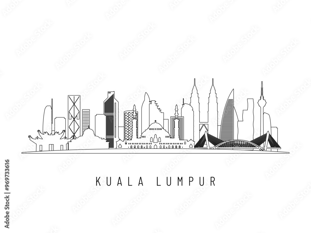 Naklejka premium Detailed Kuala Lumpur skyline vector illustration. Kuala Lumpur buildings in line art style, perfect for modern designs.