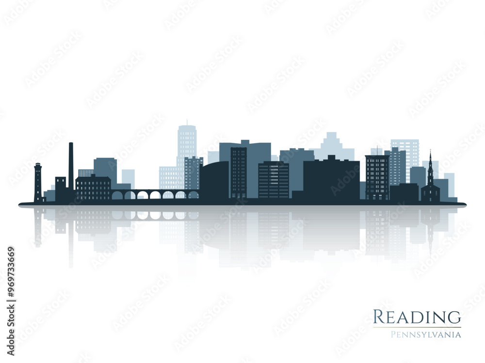Reading skyline silhouette with reflection. Landscape Reading, Pennsylvania. Vector illustration. Reading skyline silhouette with reflection. Landscape Reading, Pennsylvania. Vector illustration.