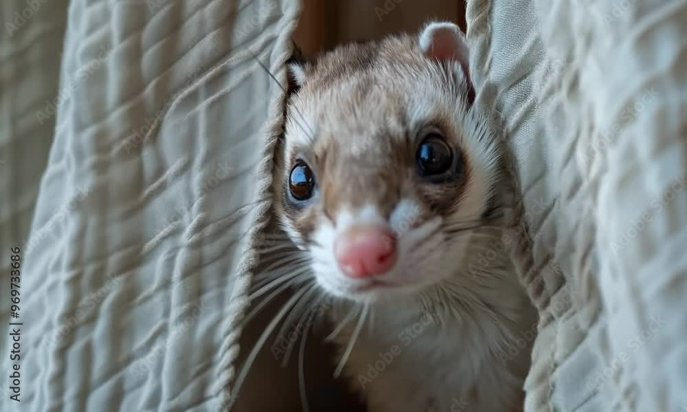 Playful ferret peeking out from behind a curtain, Video Playful ferret peeking out from behind a curtain, Video