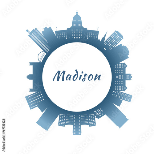Madison skyline with colorful buildings. Circular style. Stock vector illustration.