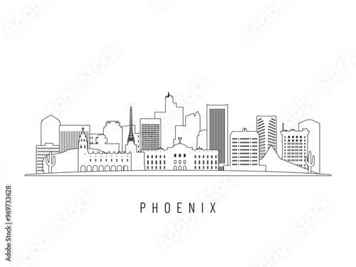 Detailed Phoenix skyline vector illustration. Phoenix AZ buildings in line art style, perfect for modern designs.
