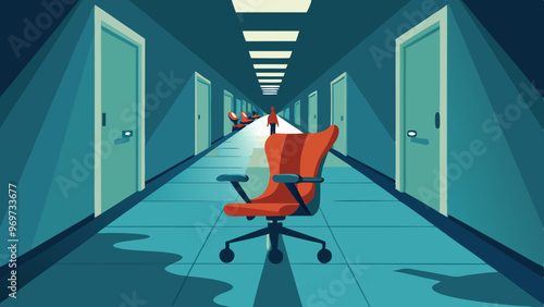 A red office chair is sitting in a hallway with a door in front of it