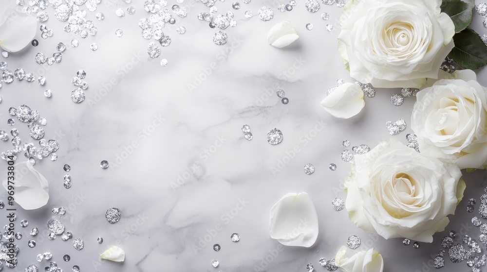 Delicate white roses lie elegantly on a smooth marble surface, surrounded by shimmering crystals and scattered rose petals, perfect for adding charm to any festive event Delicate white roses lie elegantly on a smooth marble surface, surrounded by shimmering crystals and scattered rose petals, perfect for adding charm to any festive event