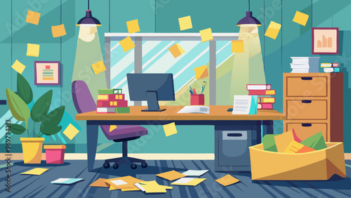 A messy office with a computer, a chair, a potted plant, and a box