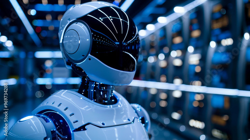 A futuristic digital assistant robot with sleek design stands in high tech environment, showcasing advanced technology and innovation. Its shiny exterior reflects ambient blue lights, creating captiva photo