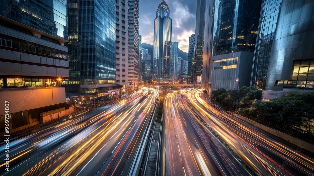 Fototapeta premium Traffic flows smoothly along a busy urban highway at twilight, with city skyscrapers glowing against the dimming sky and bright streaks of car lights creating movement